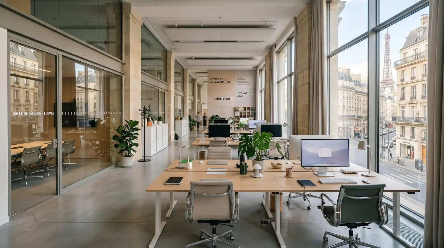 Bureau professionnel contemporain vide avec grande fenêtre lumineuse, poste de travail épuré et architecture intérieure moderne