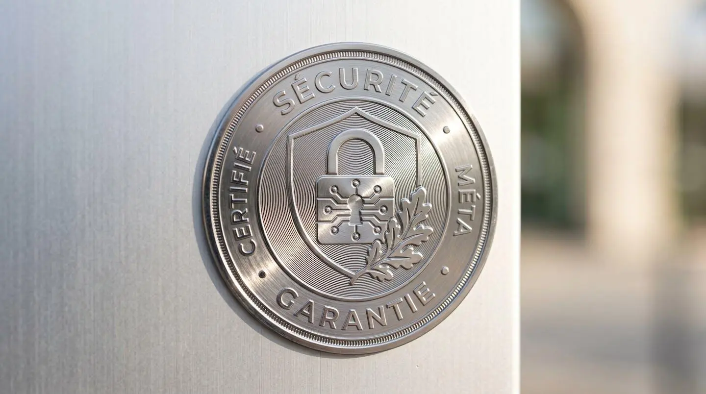 Gros plan sur un détail métallique brillant évoquant un symbole de sécurité numérique avec arrière-plan flouté