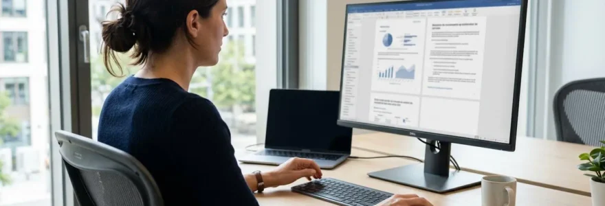 Vue par-dessus l'épaule d'un professionnel consultant une interface d'envoi de courrier électronique sur un écran d'ordinateur moderne dans un bureau lumineux